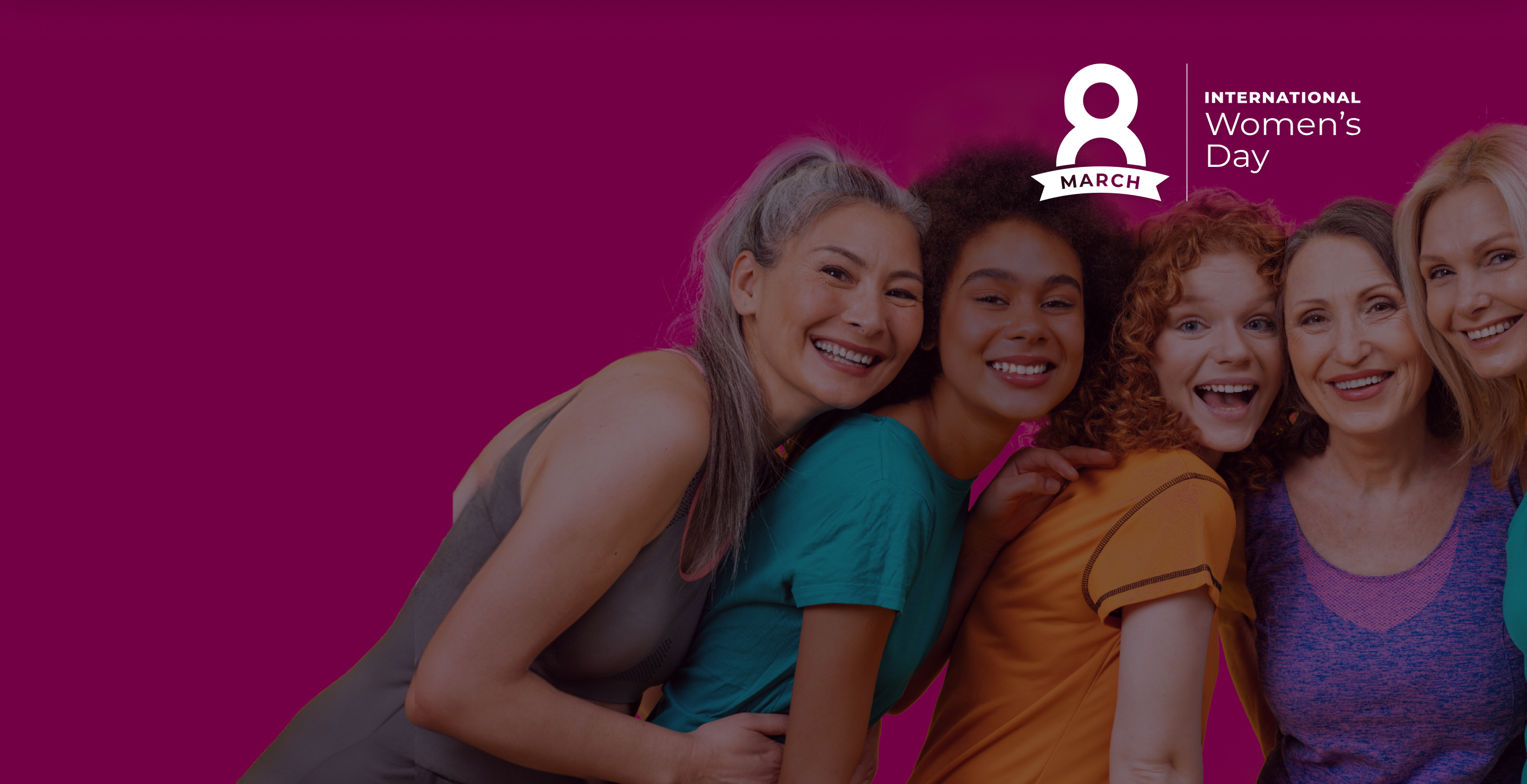 women smiling in front of a pink background for the 8th of March