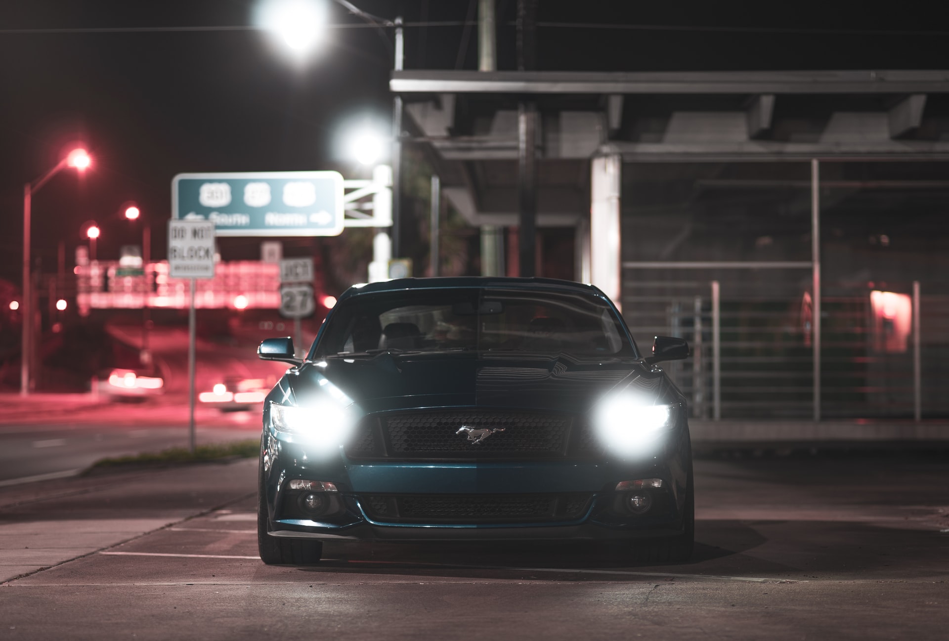 Blue Mustang at Nighttime