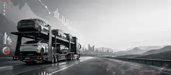 Car carrier truck transporting vehicles on a U.S. highway with data charts and a route map visualizing auto transport costs and trends.