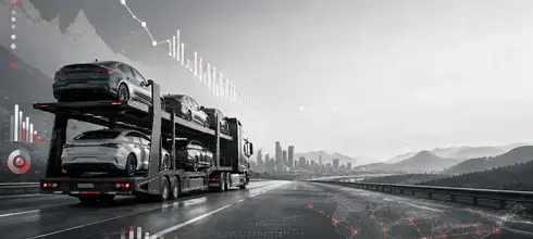 Car carrier truck transporting vehicles on a U.S. highway with data charts and a route map visualizing auto transport costs and trends.