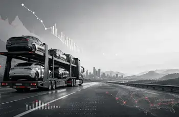 Car carrier truck transporting vehicles on a U.S. highway with data charts and a route map visualizing auto transport costs and trends.