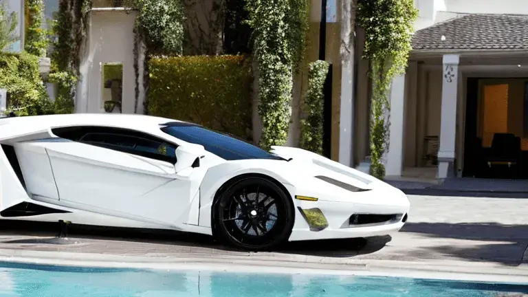 White lambourghini parked in front of a pool of a luxury house